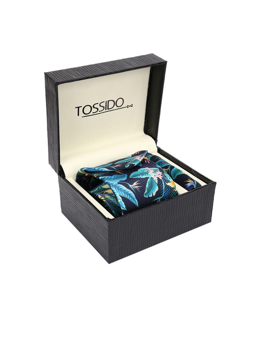tossido men navy blue & yellow printed pure microfibre accessory gift set