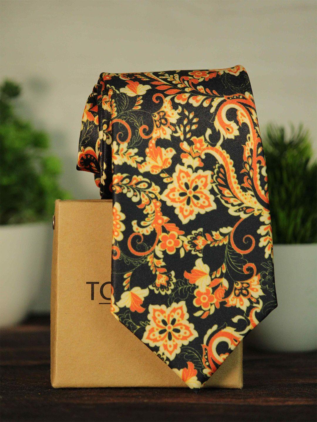 tossido men orange & black printed broad tie