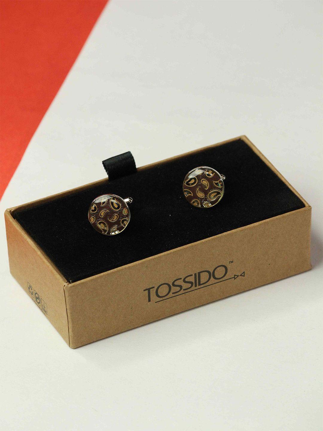 tossido men paisley printed round brass cufflink