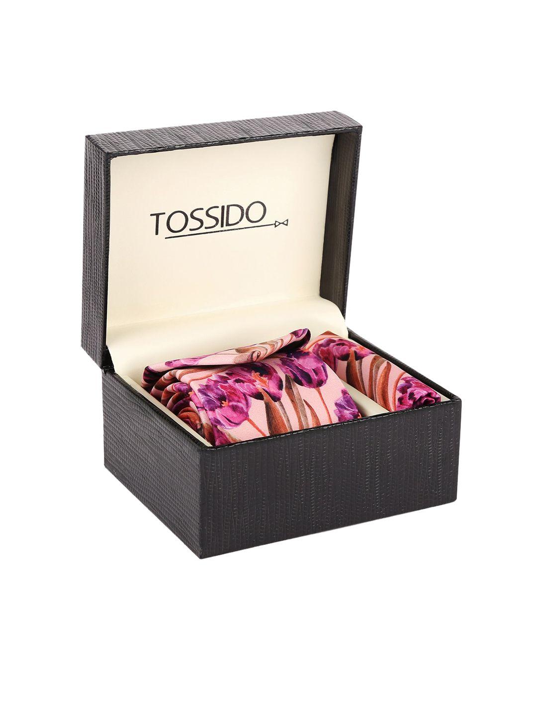 tossido men peach-coloured & magenta pink printed accessory gift set