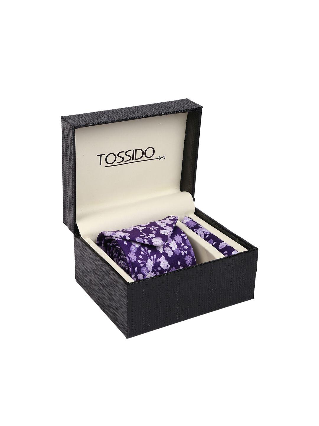 tossido men purple & white floral printed accessories gift set