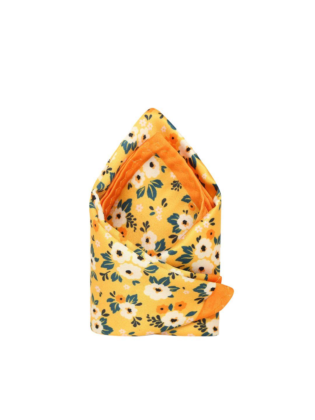 tossido men yellow & green floral printed pocket square