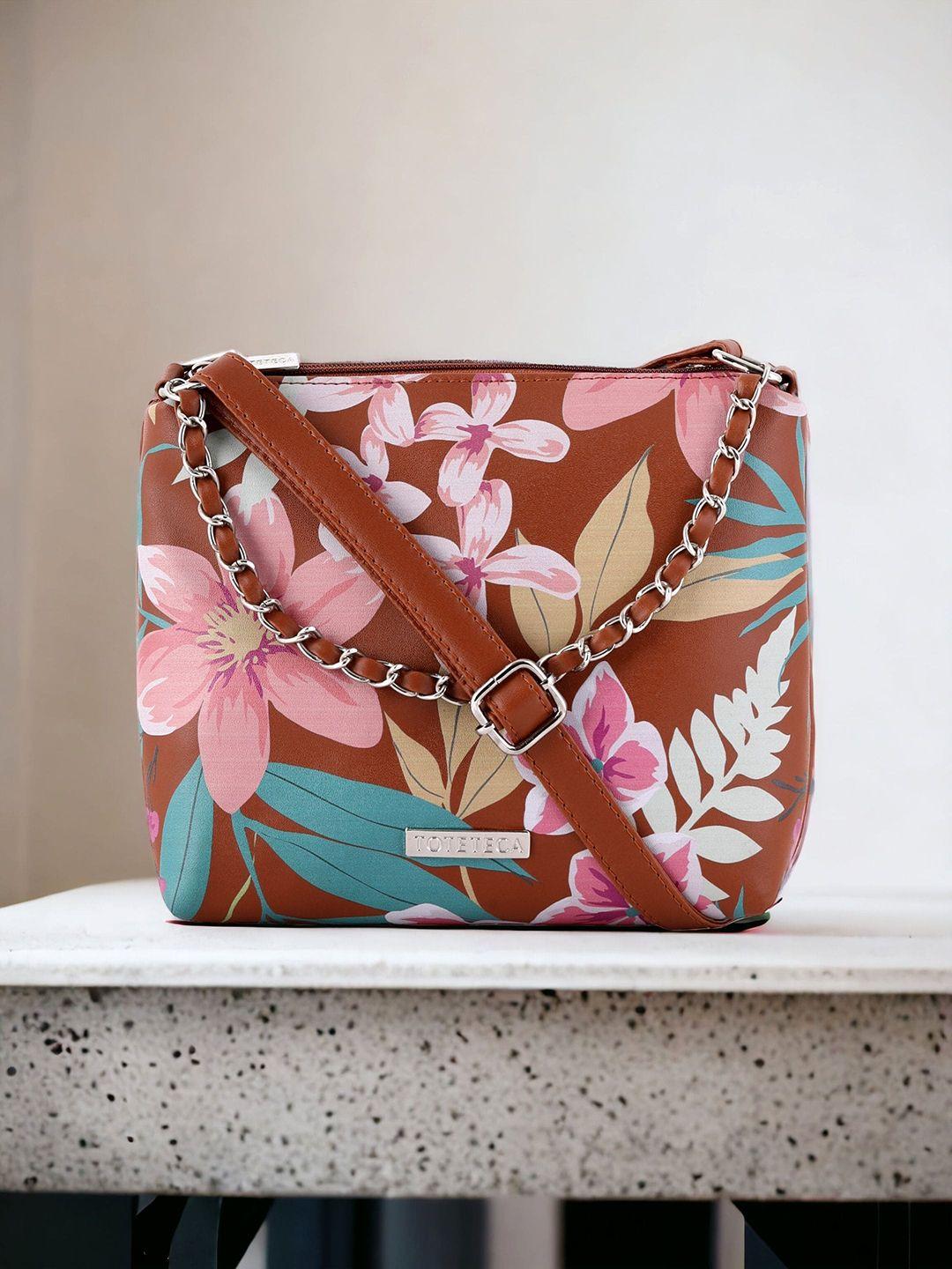 toteteca floral printed pu small structured sling bag with chain strap