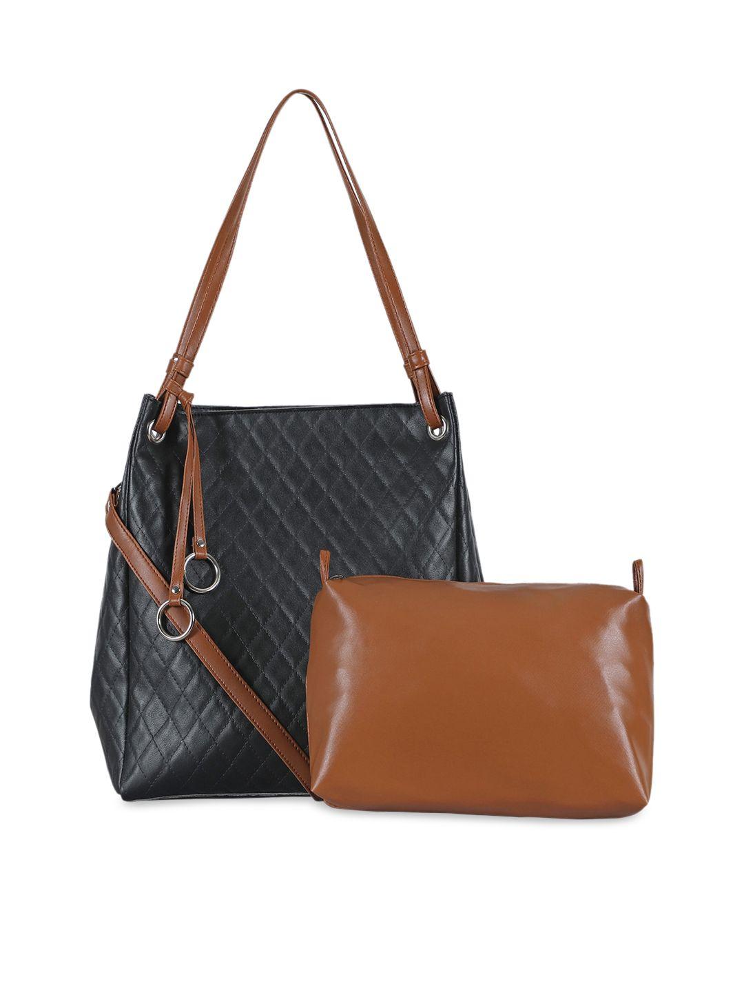 toteteca black pu structured shoulder bag with quilted