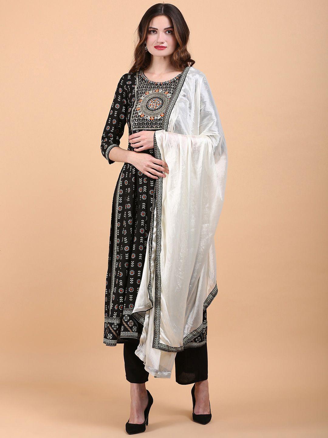 toulin ethnic motif printed thread work high slit straight kurta with trousers & dupatta