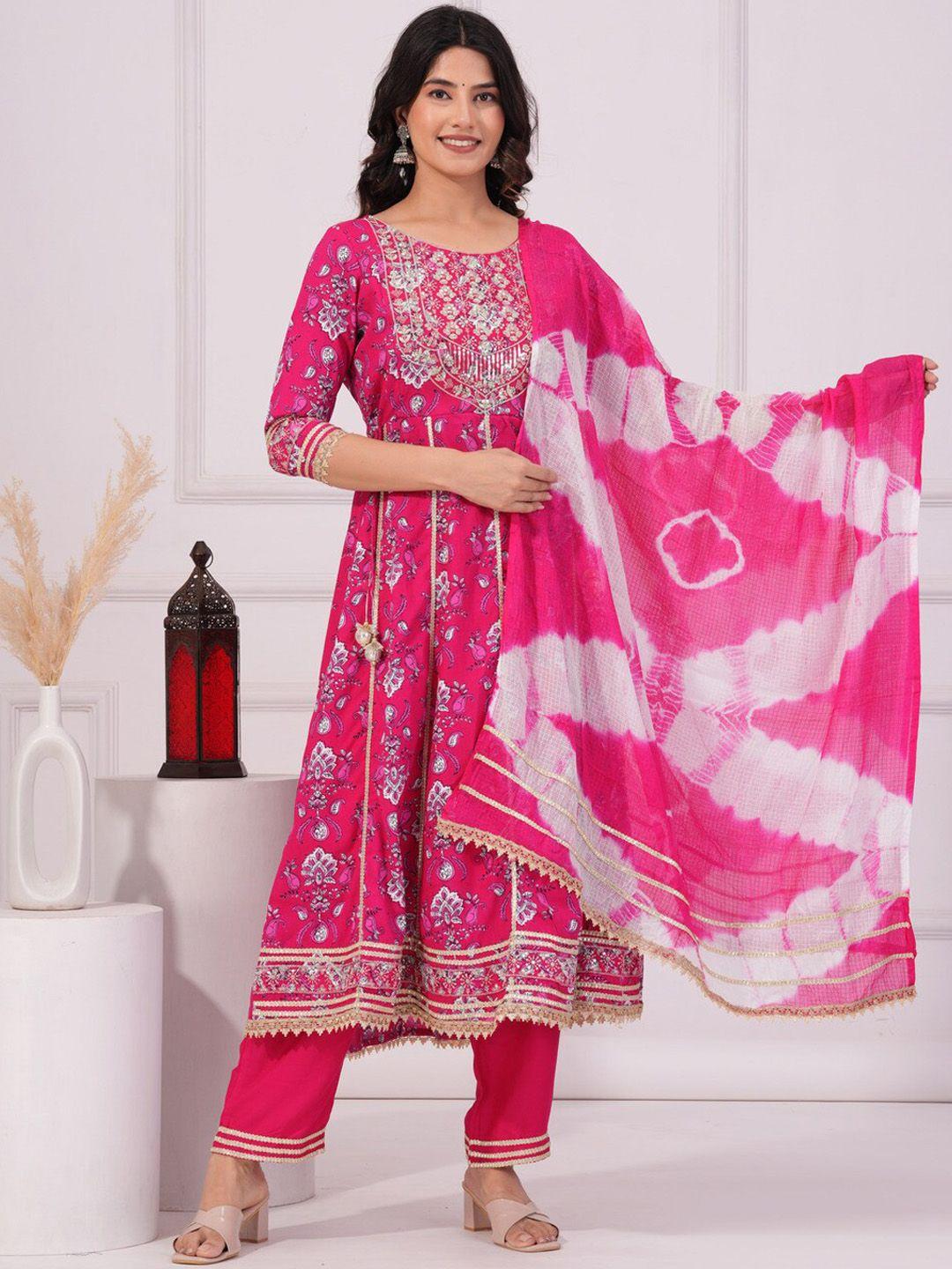 toulin ethnic motifs printed empire thread work kurta with trousers & dupatta