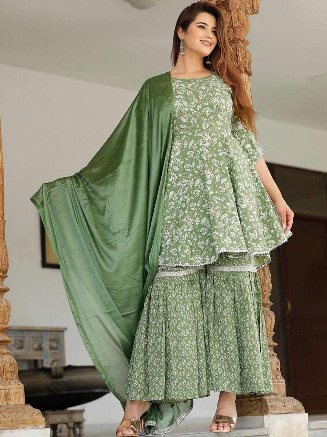 toulin floral printed bell sleeves gotta patti kurta with sharara & with dupatta