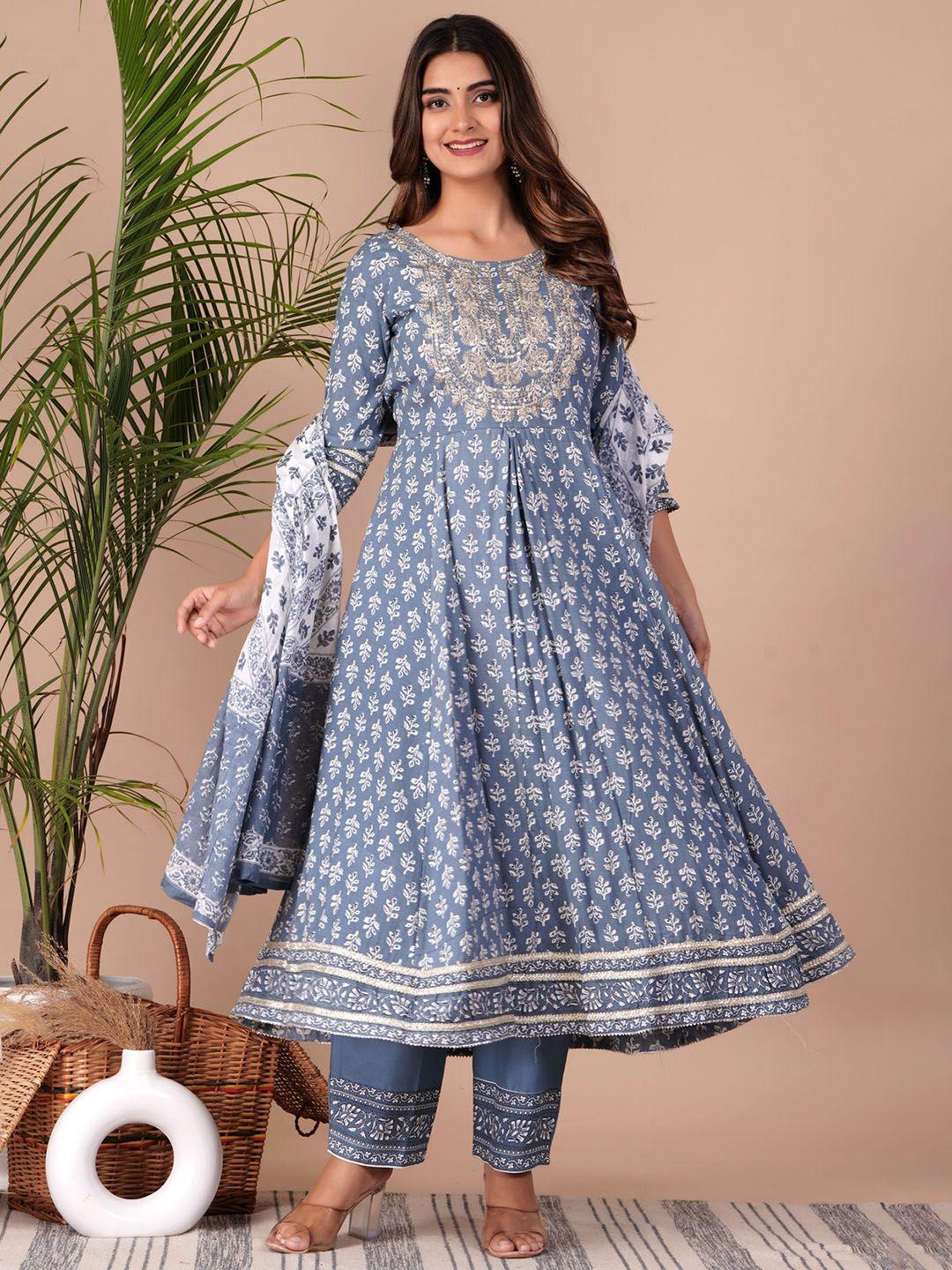 toulin floral printed empire thread work kurta with palazzos & dupatta