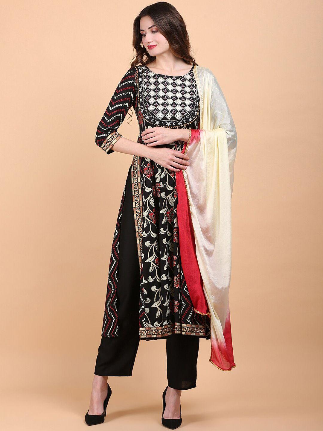 toulin floral printed mirror work a-line kurta with trousers & dupatta