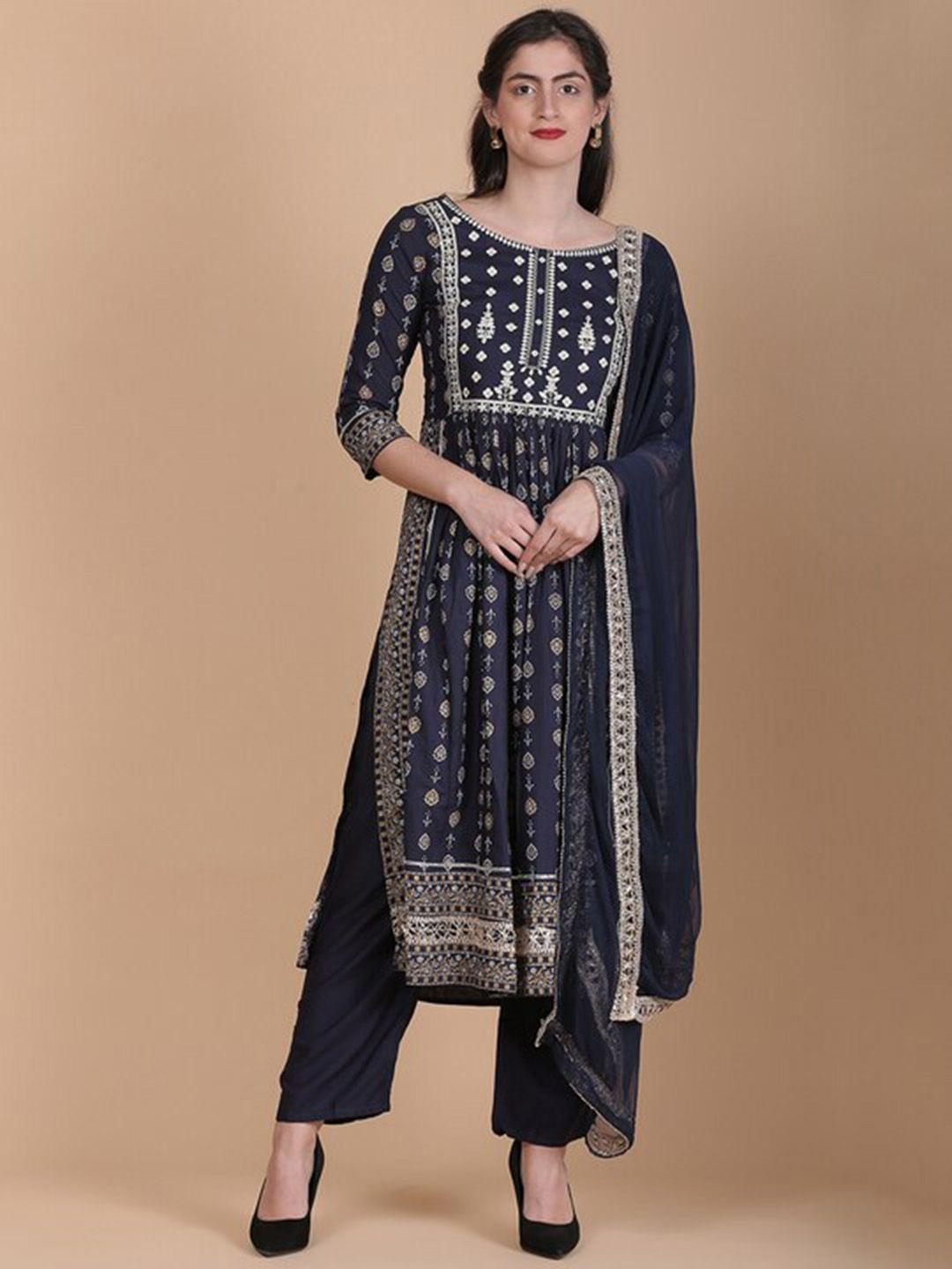 toulin floral printed thread work kurta with trousers & dupatta