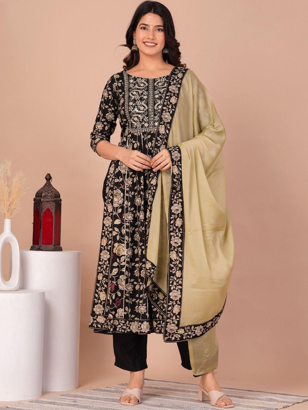 toulin women black ethnic motifs printed regular kurta with palazzos & with dupatta