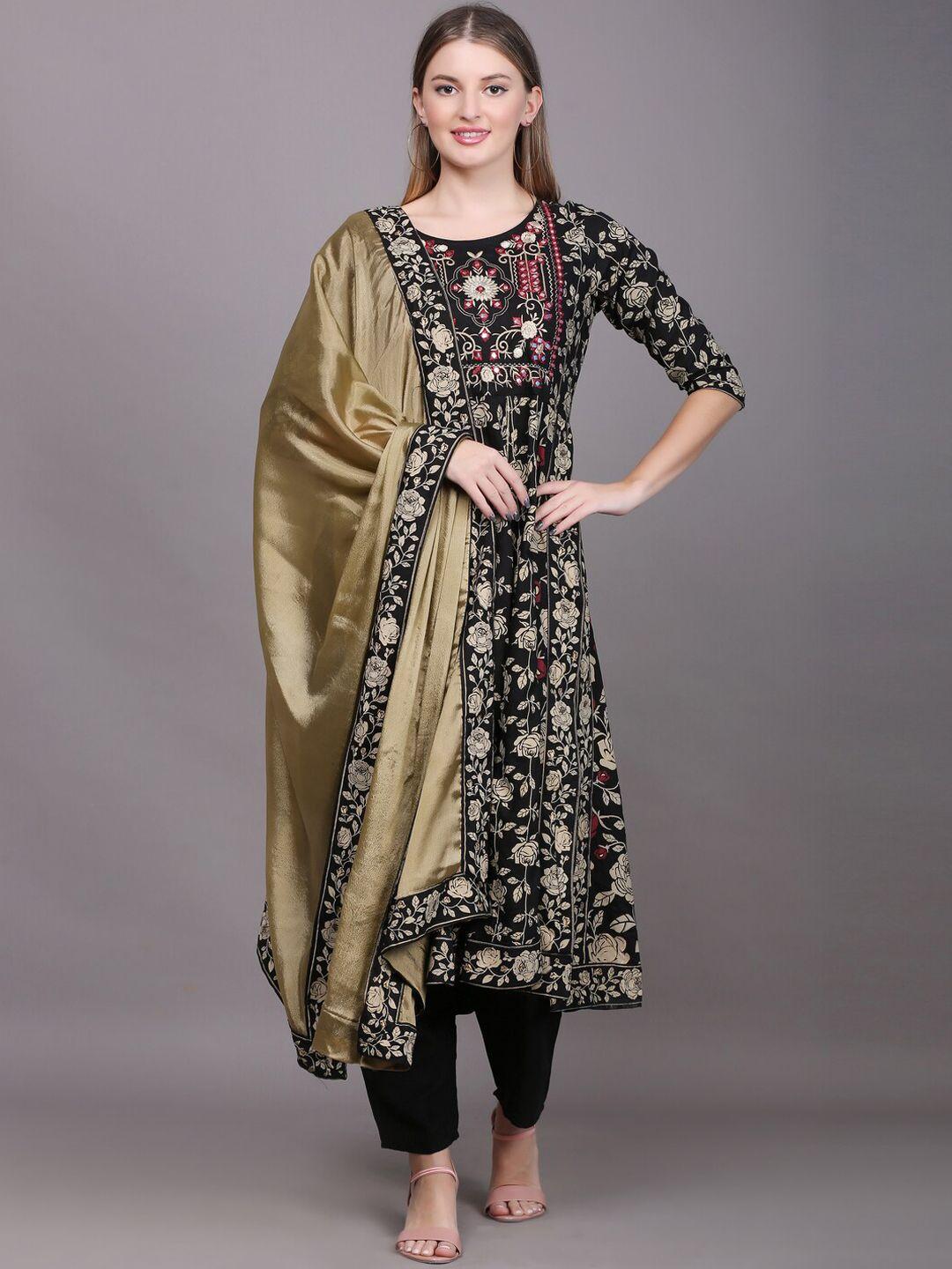toulin women black floral embroidered mirror work kurta with palazzos & with dupatta