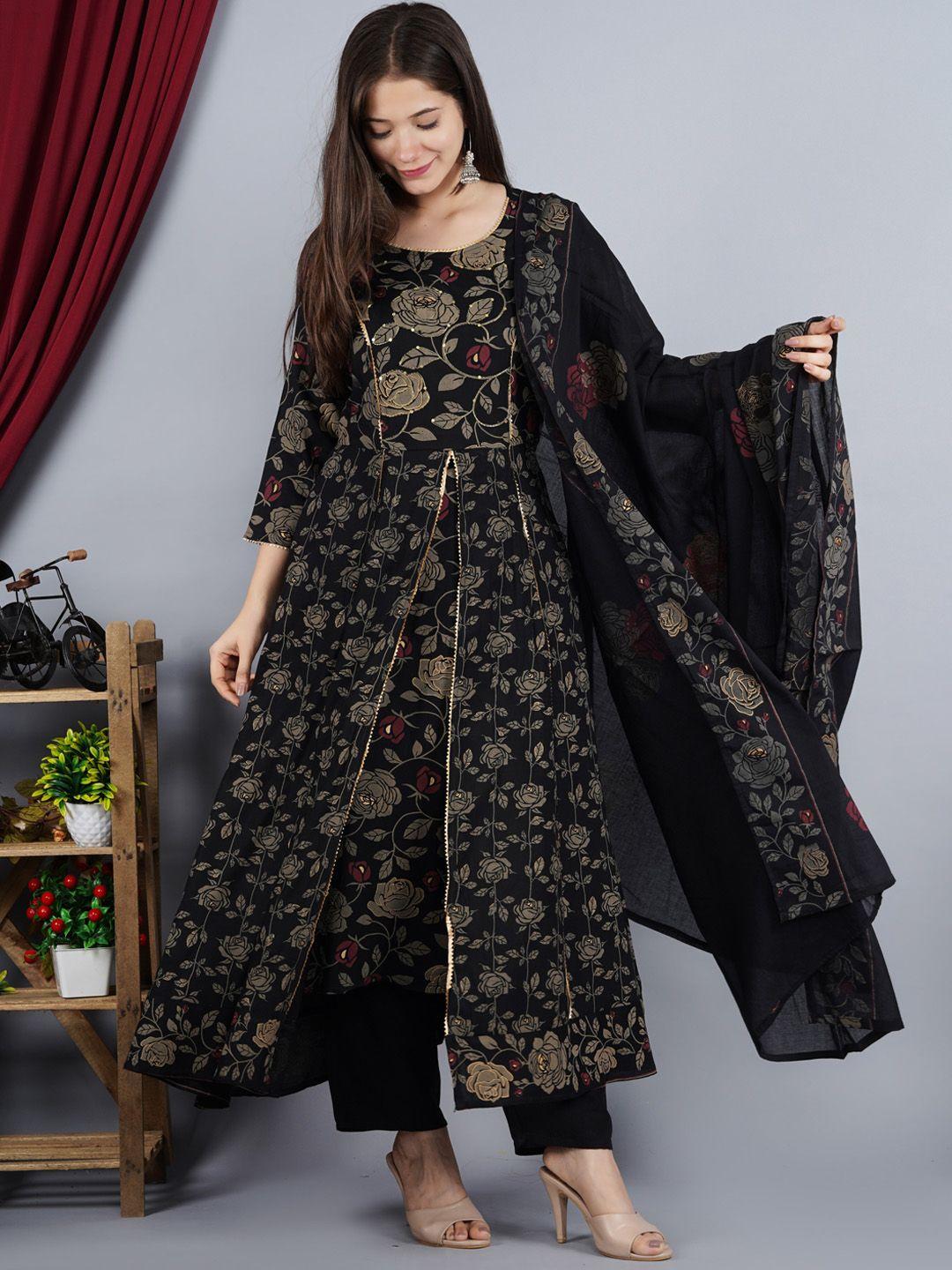 toulin women black floral printed layered sequinned kurta with trousers & with dupatta