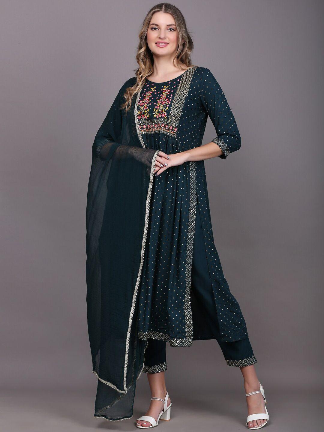 toulin women blue ethnic motifs embroidered pleated kurta with trousers & with dupatta