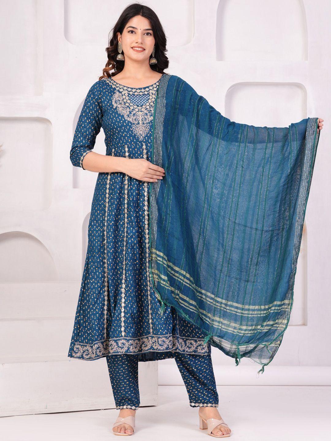 toulin women blue ethnic motifs printed empire thread work kurta with palazzos & with dupatta