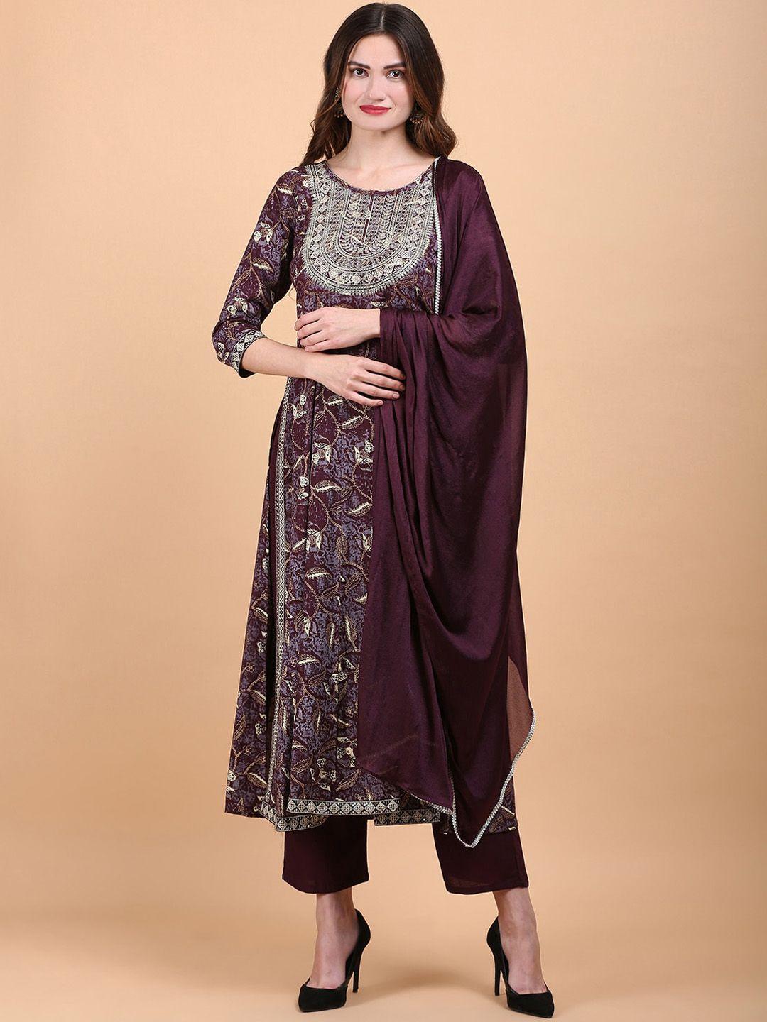 toulin women burgundy floral printed regular sequinned kurta with trousers & with dupatta