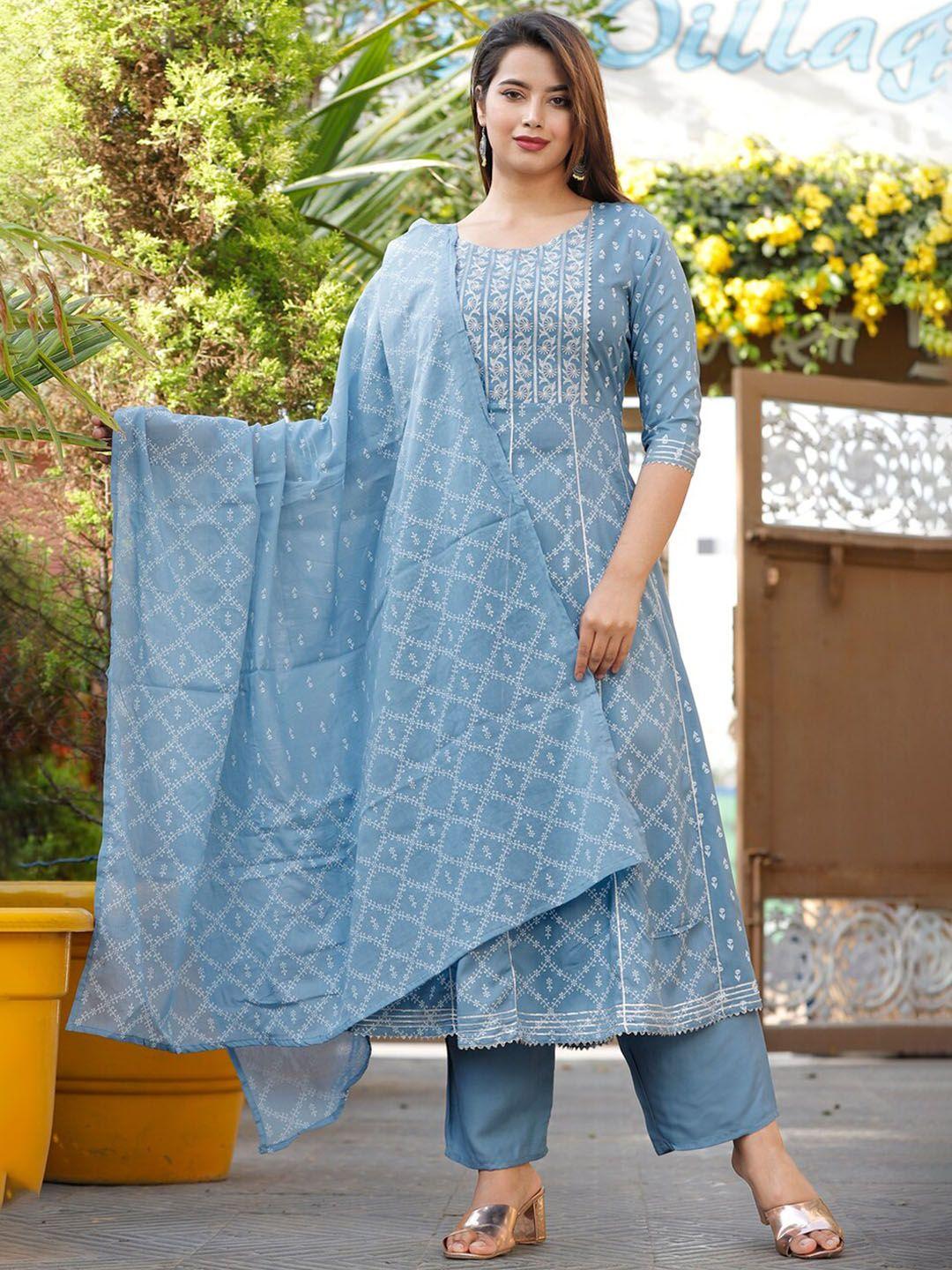 toulin women grey floral printed regular thread work kurta with palazzos & with dupatta