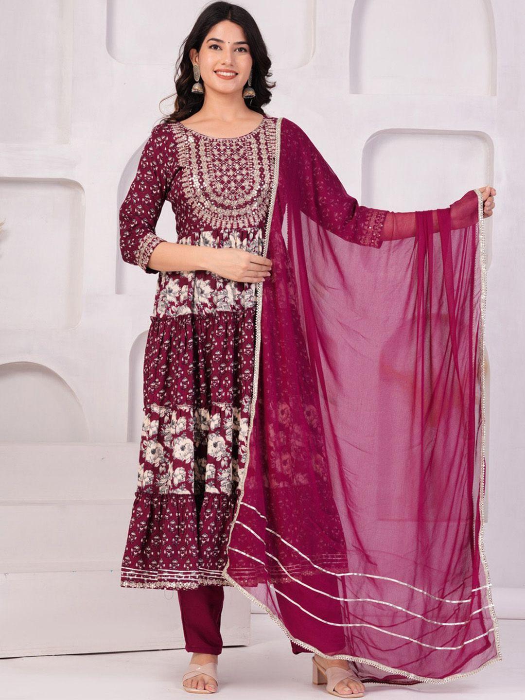 toulin women maroon floral printed empire thread work kurta with palazzos & with dupatta