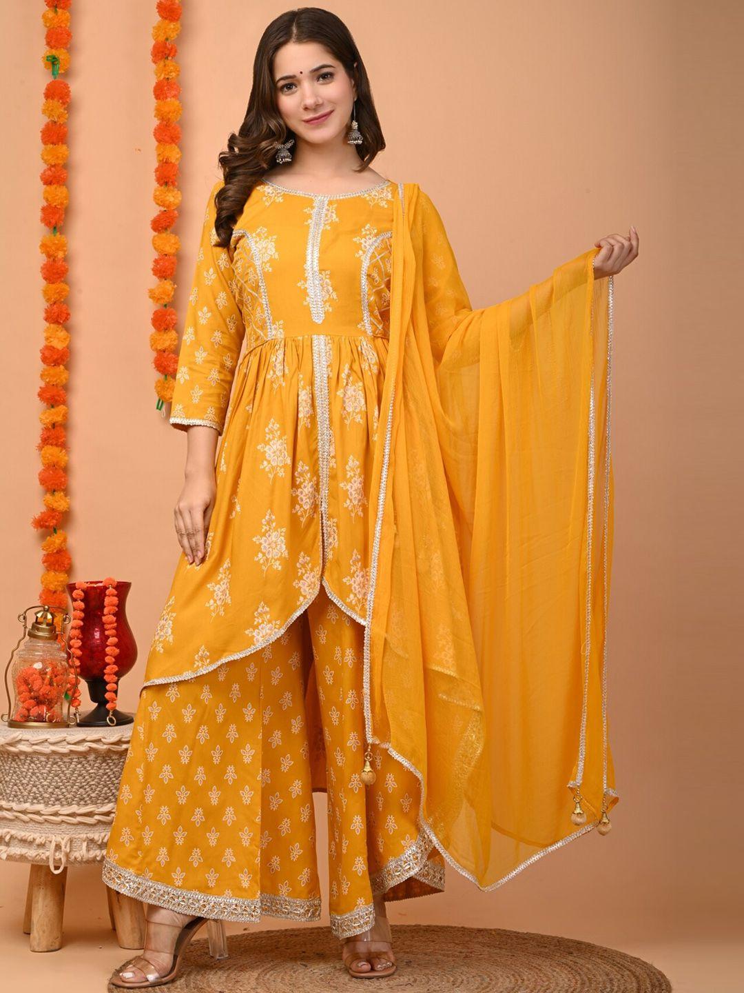 toulin women mustard yellow floral printed empire kurta with palazzos & with dupatta