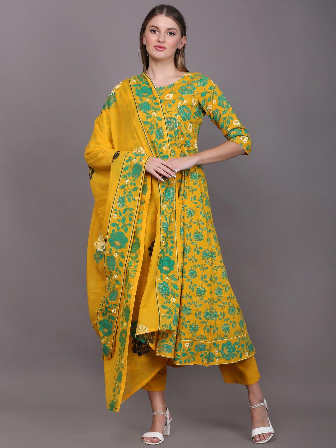toulin women mustard yellow floral printed kurta with trousers & with dupatta