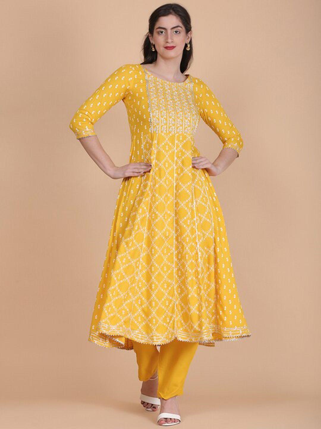 toulin women mustard yellow floral printed kurta with trousers & with dupatta