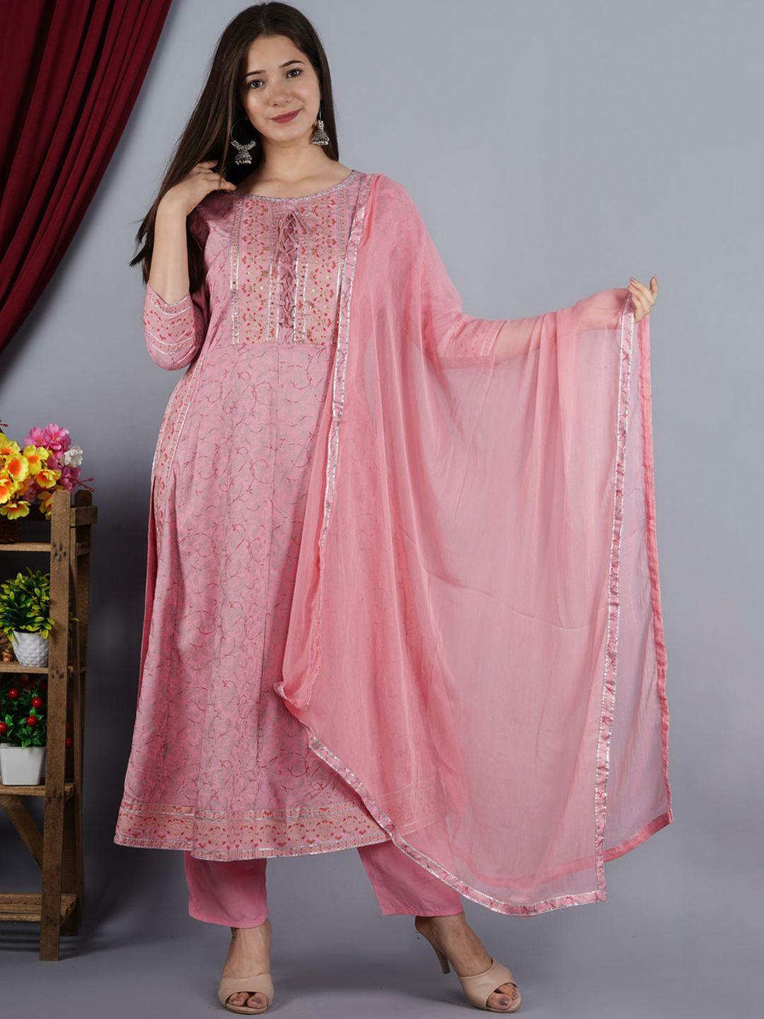 toulin women pink ethnic motifs printed gotta patti pure cotton kurta with palazzos & with dupatta