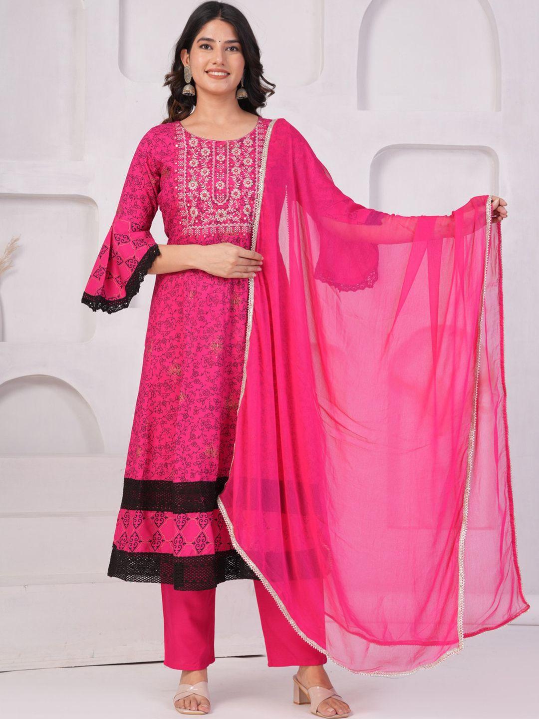 toulin women pink floral printed empire thread work kurta with palazzos & with dupatta