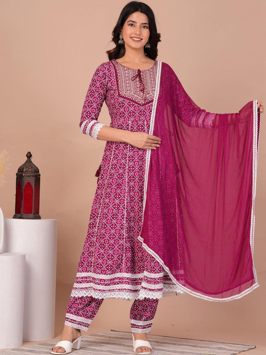 toulin women pink floral printed regular gotta patti kurta with trousers & with dupatta