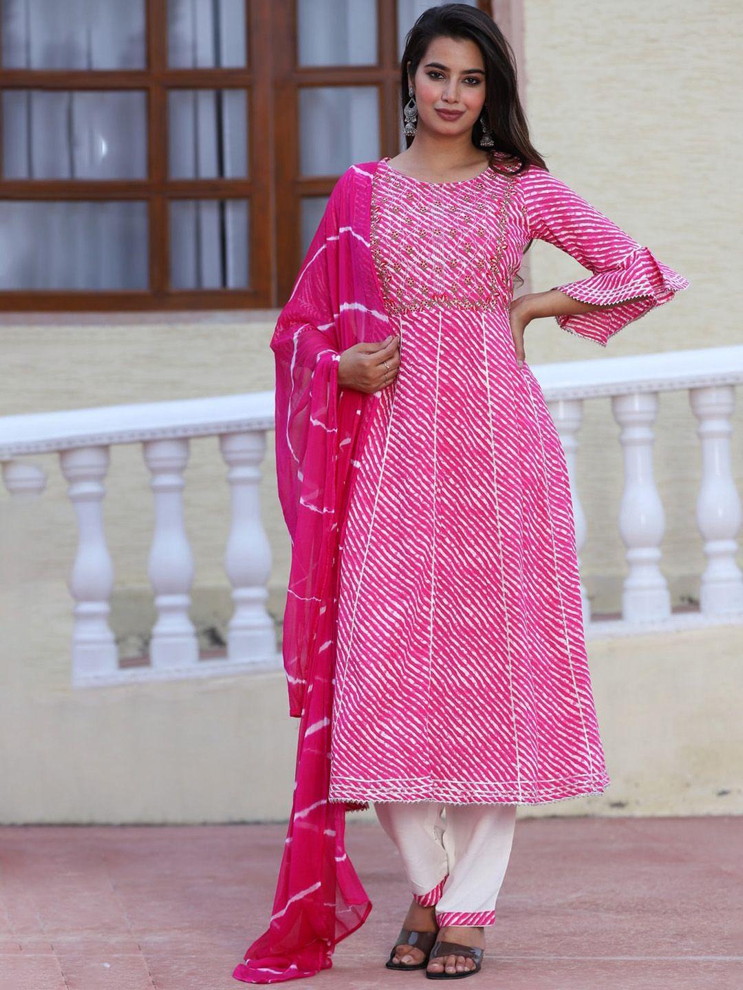 toulin women pink leheriya printed regular gotta patti kurta with palazzos & with dupatta