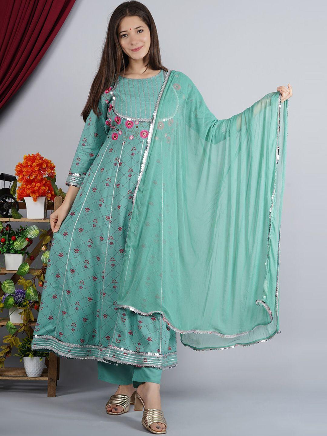 toulin women teal floral empire kurta with palazzos & with dupatta