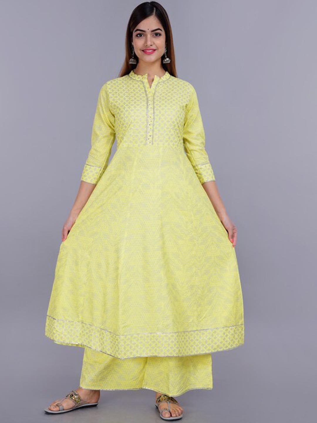 toulin women yellow striped panelled kurti with palazzos & with dupatta