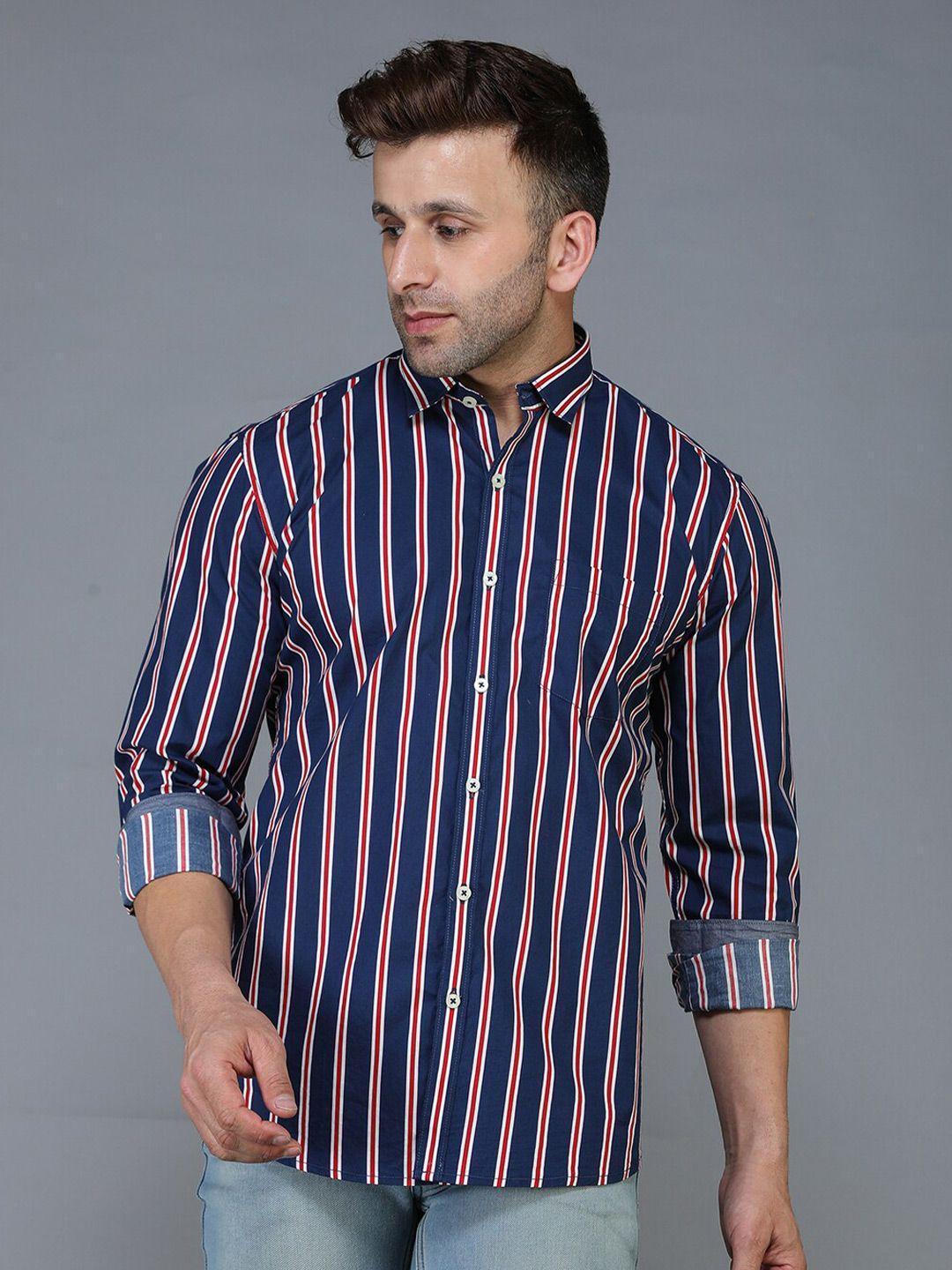 tqs men navy blue standard striped casual shirt