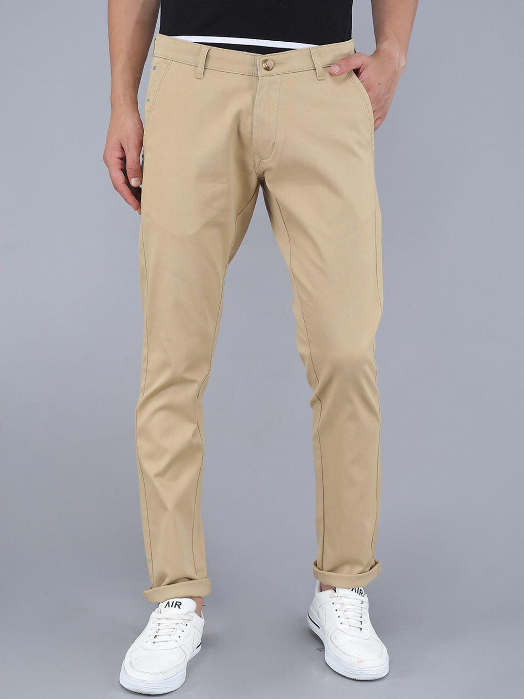 tqs men beige solid pure cotton trousers