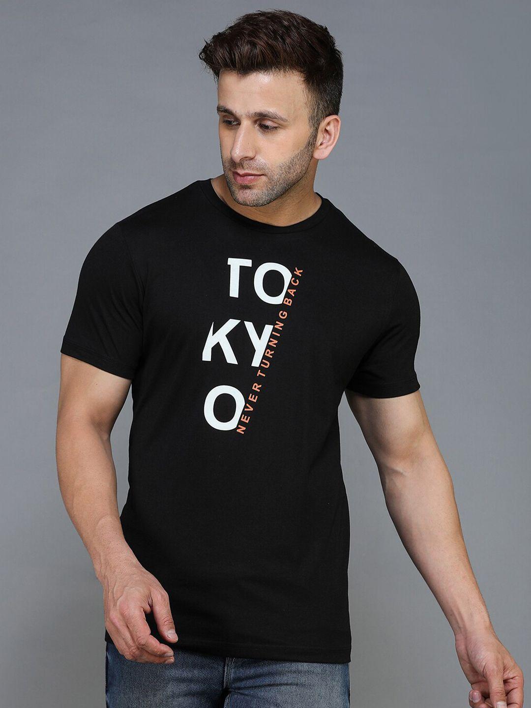 tqs men black & chinese black typography printed applique t-shirt