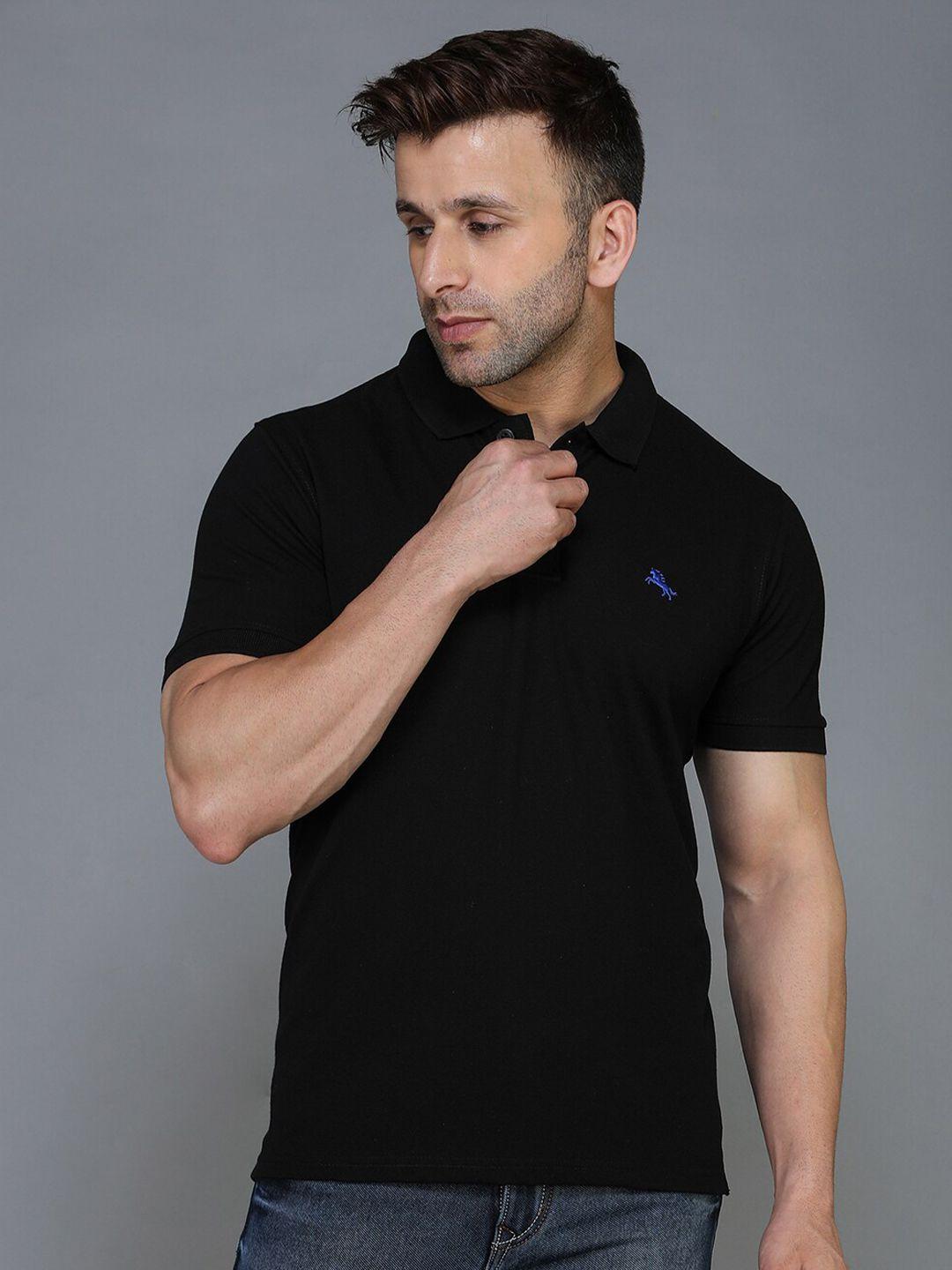 tqs men black & rich black polo collar applique t-shirt
