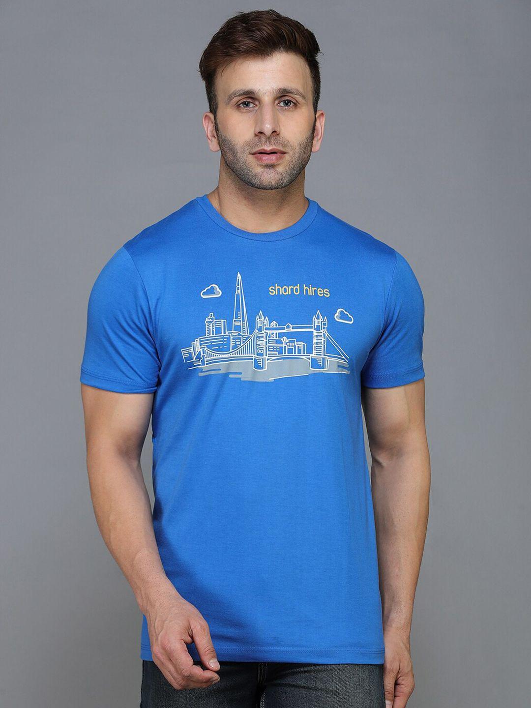 tqs men blue & blue cola typography printed applique t-shirt
