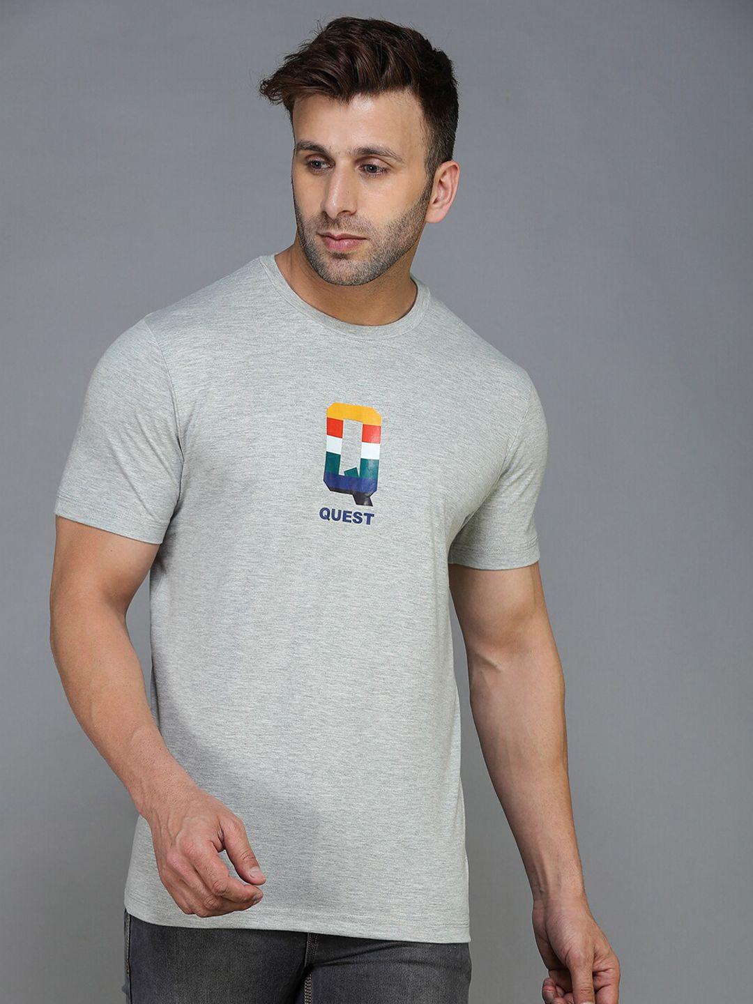 tqs men grey melange & lunar rock typography printed applique t-shirt