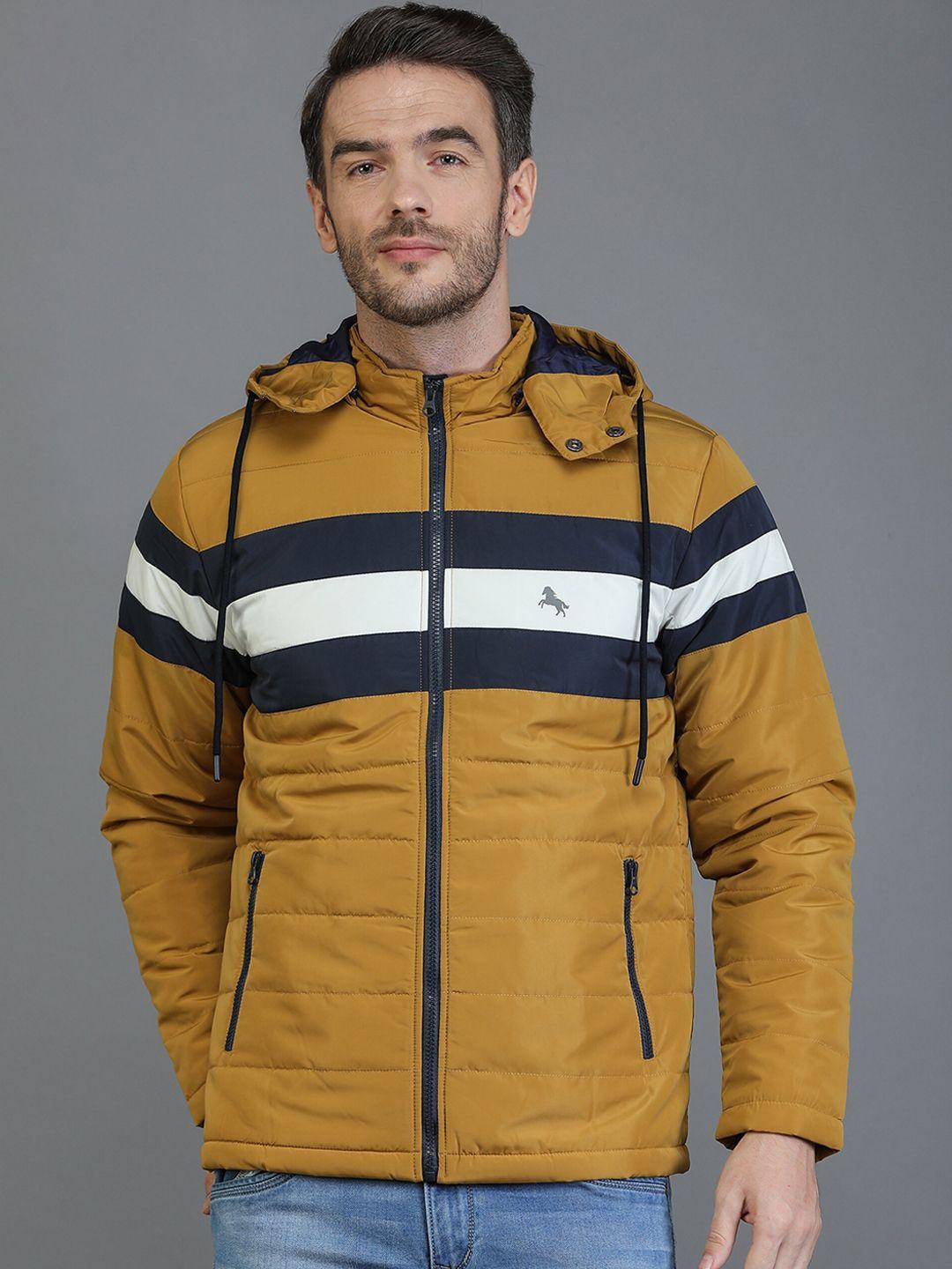 tqs men khaki & white striped windcheater and water resistant puffer jacket