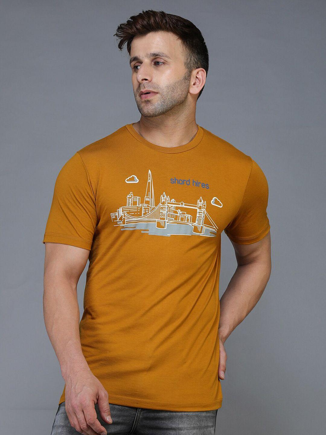 tqs men mustard yellow typography printed applique t-shirt