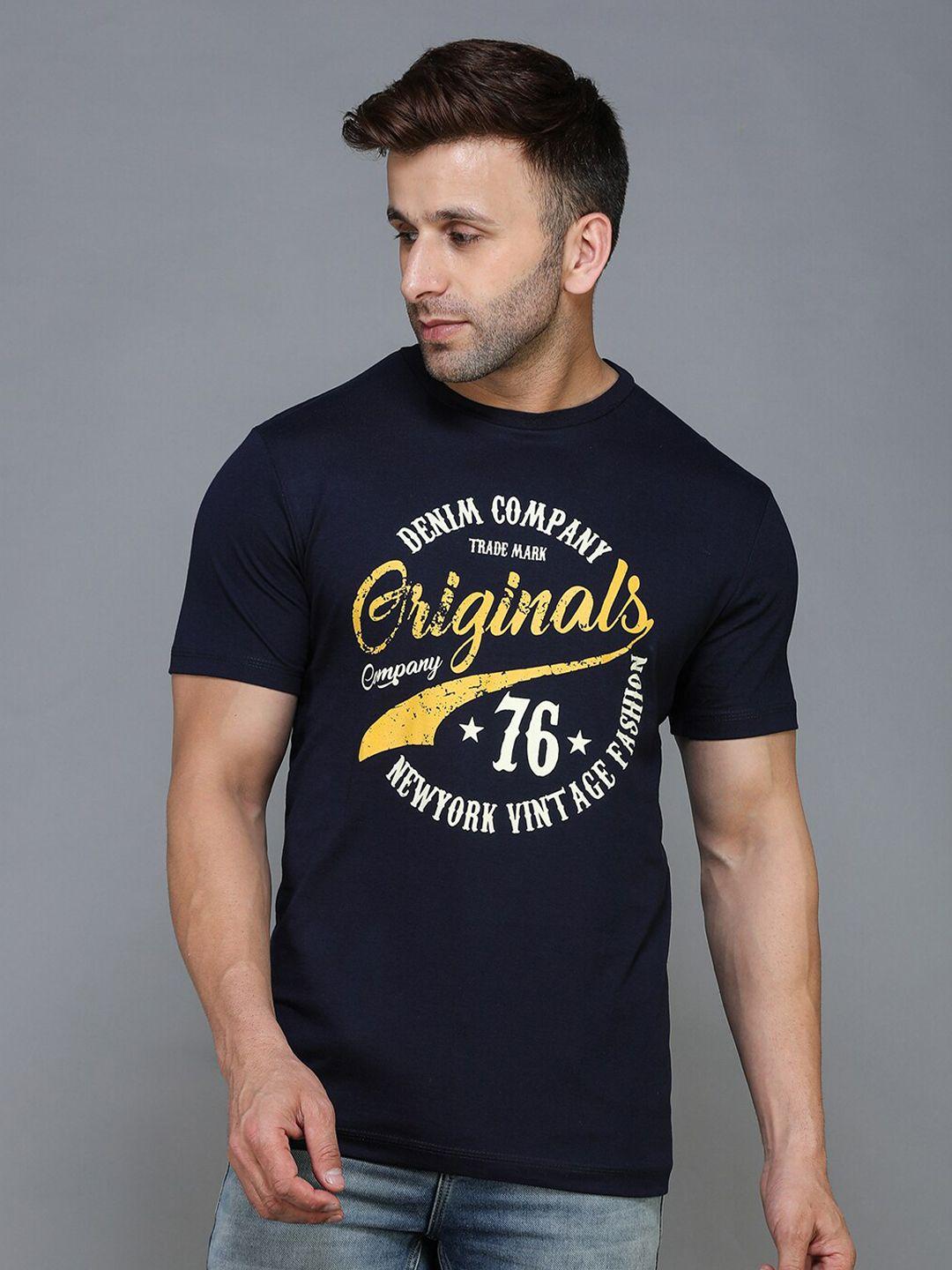tqs men navy blue typography printed raw edge t-shirt