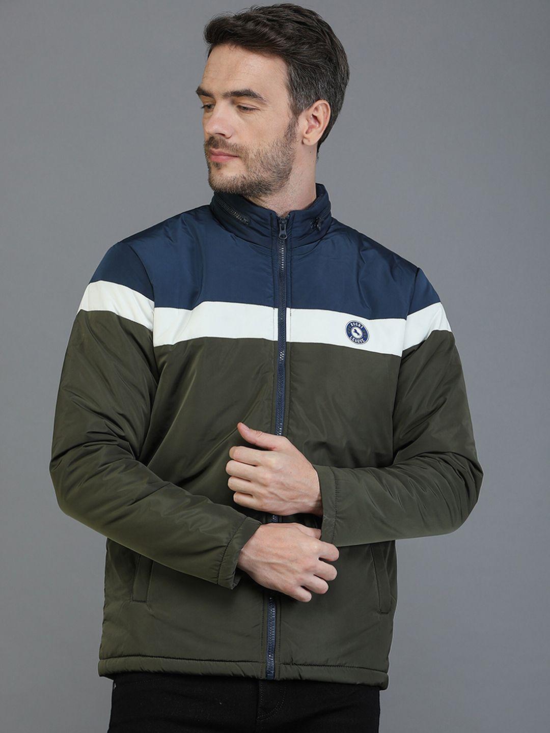 tqs men olive green striped windcheater and water resistant bomber with patchwork jacket