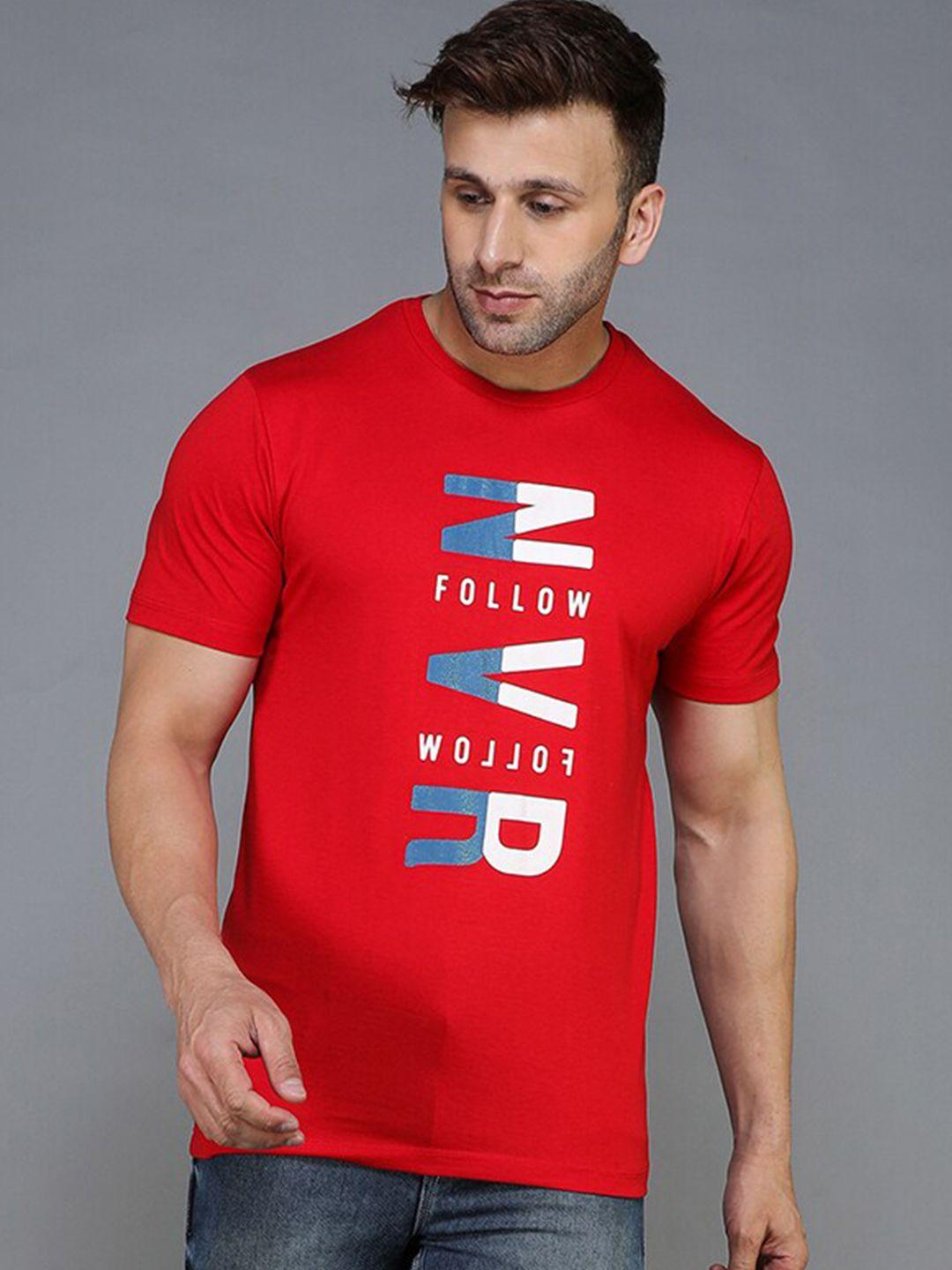 tqs men red & lava typography printed applique t-shirt