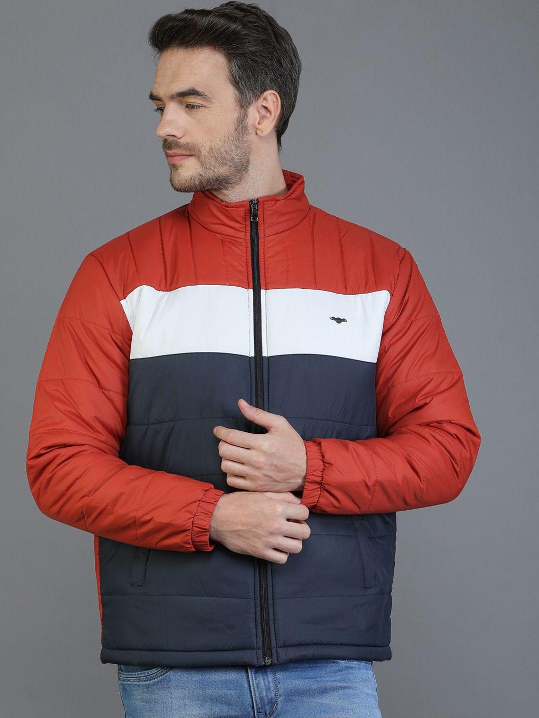 tqs men red colourblocked windcheater and water resistant padded jacket