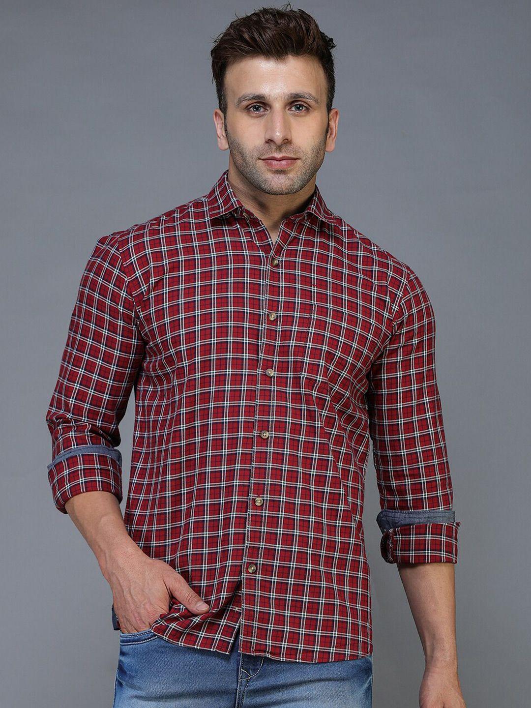 tqs men red standard checked casual shirt