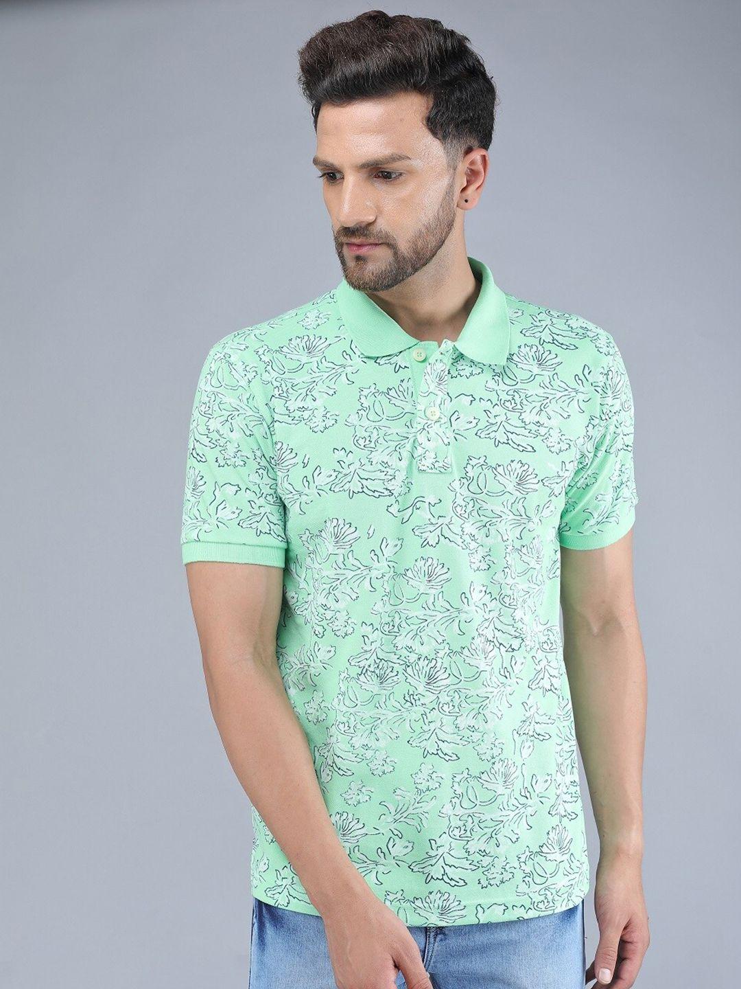 tqs men sea green floral printed polo collar slim fit t-shirt