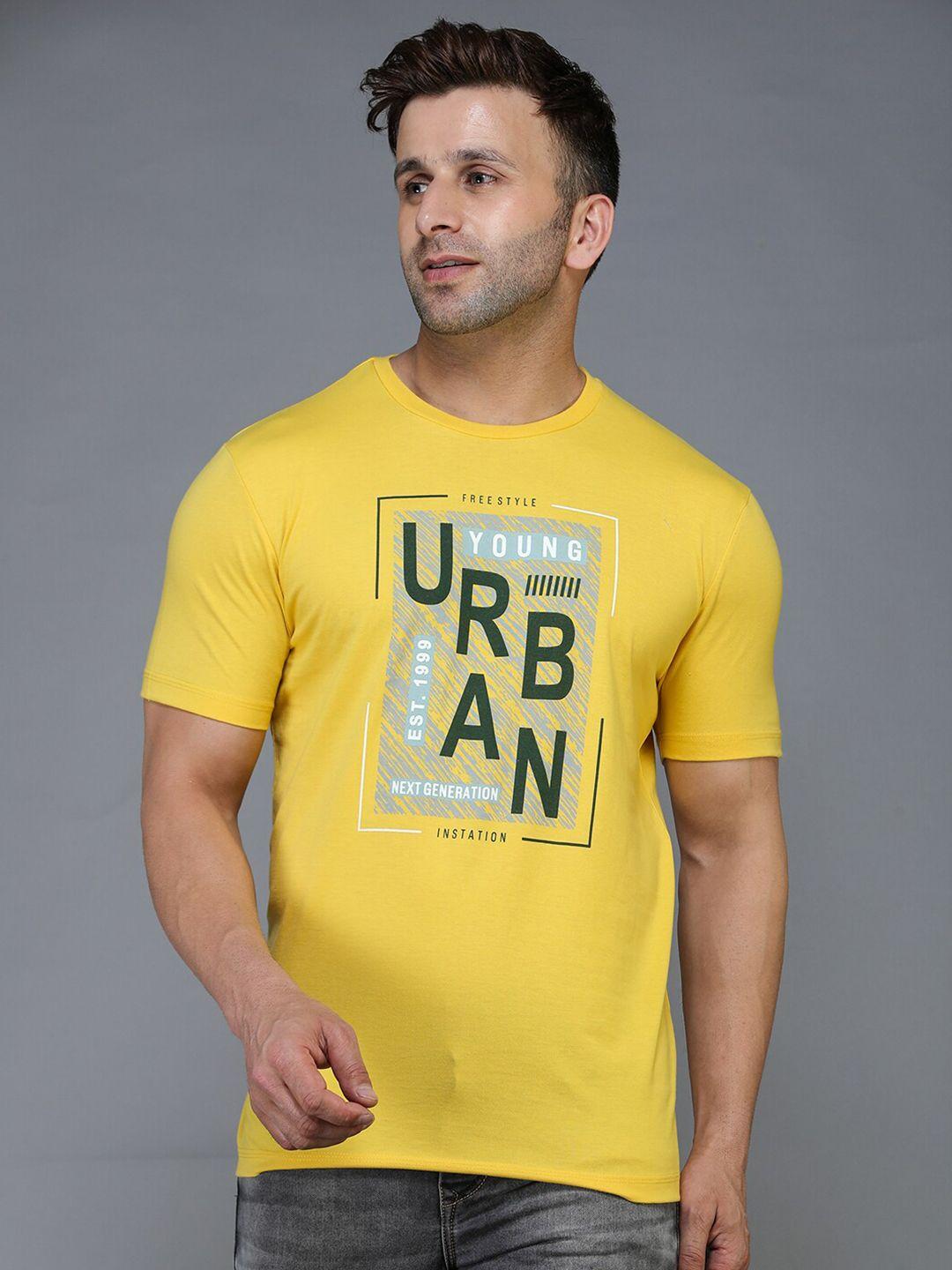 tqs men yellow & primrose yellow typography printed applique t-shirt
