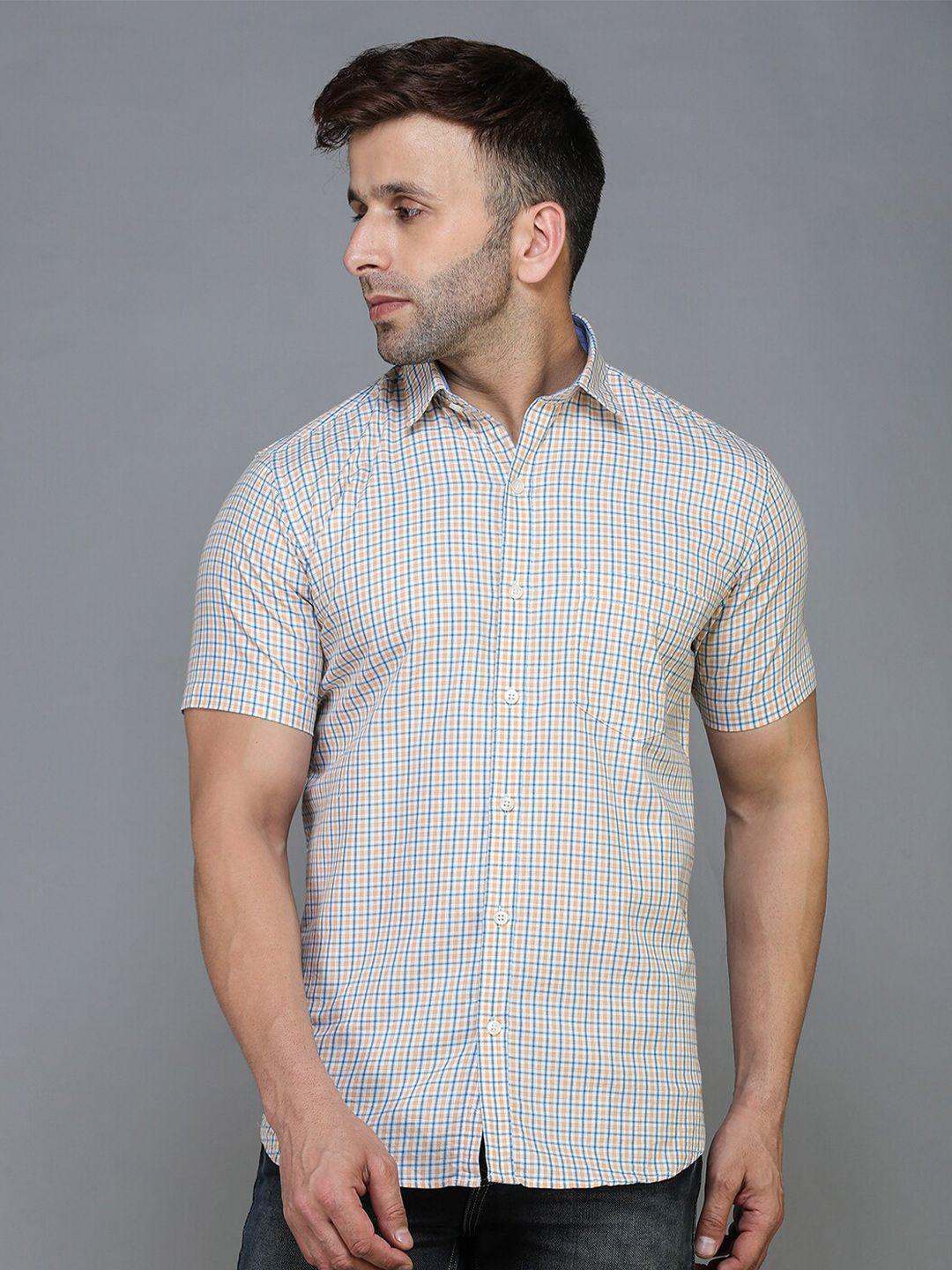 tqs men yellow standard checked casual shirt