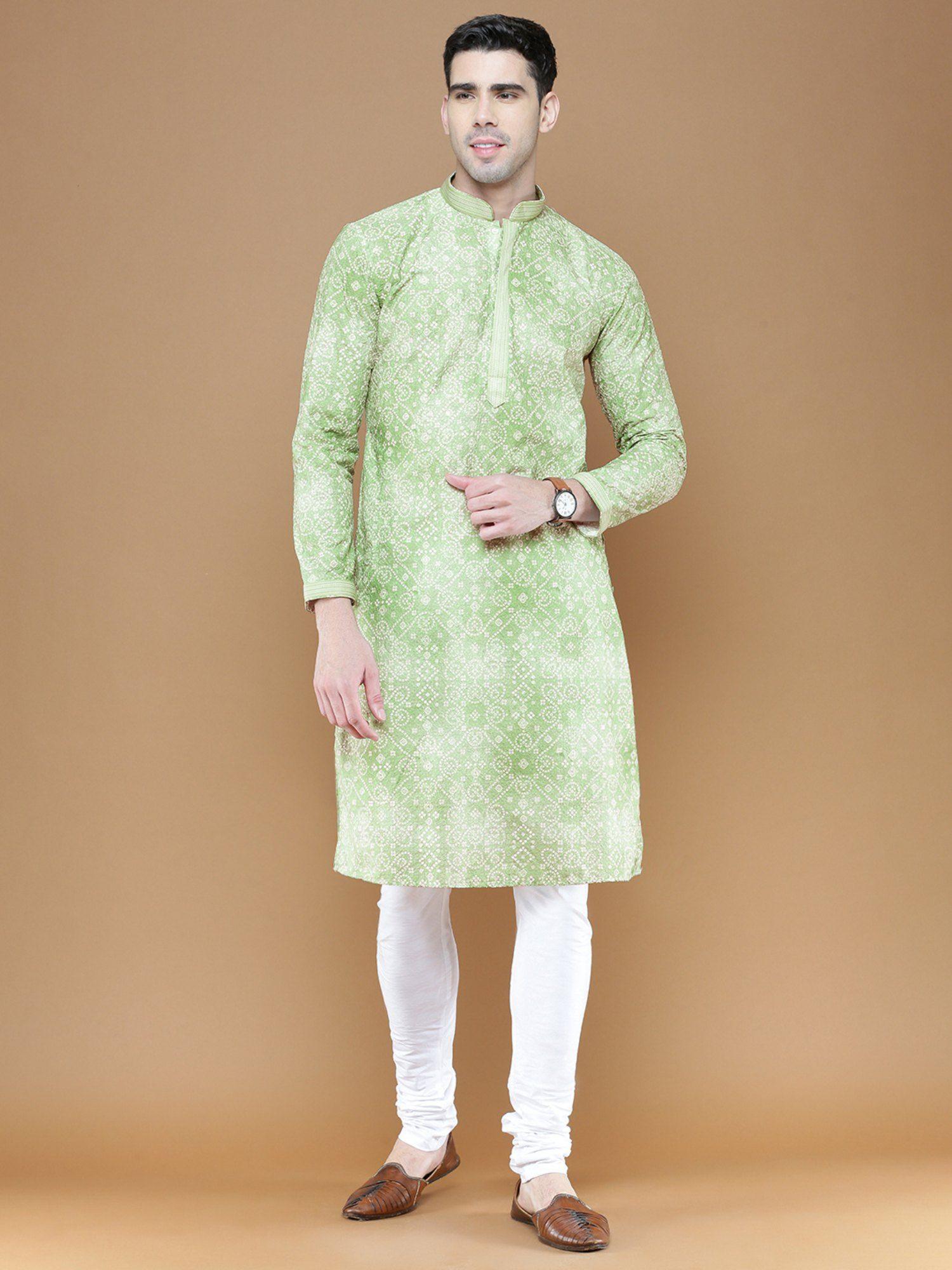 traditional green bandhej print cotton kurta with churidar pyjama for men (set of 2)