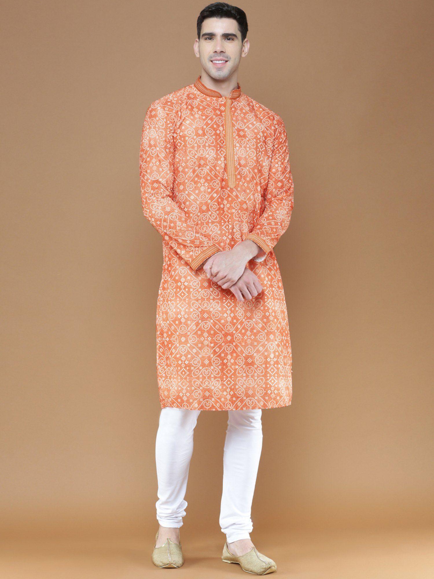 traditional orange bandhej print cotton kurta with churidar pyjama for men (set of 2)