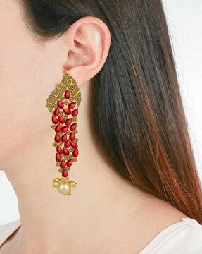 traditional alloy festive wear gold plated synthetic stone & pearl dangle earrings